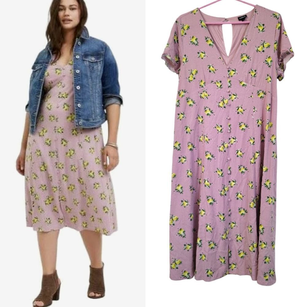 Torrid Lavender Midi Challis Button Front Dress PlusSize 1X Yellow Lemon Print